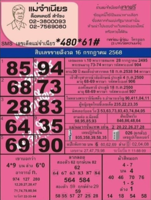 หวยแม่จำเนียร 16/7/68