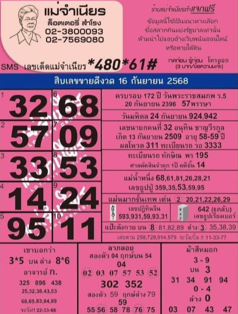หวยแม่จำเนียร 16/9/68